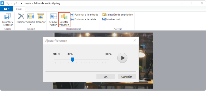 Botón para Ajustar Volumen del Editor de Video Botón para Ajustar Volumen en la barra de herramientas del Editor de Video