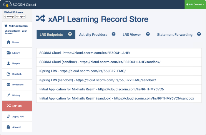 Lista de endpoints xAPI LRS de SCORM Cloud xAPI LRS de SCORM Cloud